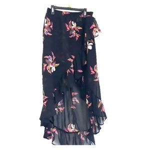 Black & Flower Print High-low skirt